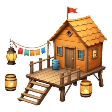 
fisherman house on a wooden pier, small dock, fishing nets hanging, barrels, lantern, ocean vibe, 3D cartoon, cute mobile game icon, clean background, no text
 sticker