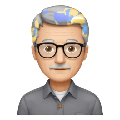 man 60 short dark grey hair, brown eyes small black rectangle glasses no beard sticker