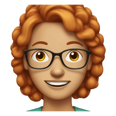 woman in her fifties with red hair tied with a clip and eyeglasses sticker