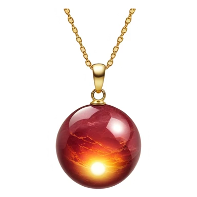 A polished round ball wine granite pendant suspended from a delicate gold chain, like a drop of enchanted starlight, glowing with the warmth of passion and the quiet power of transformation ethereal sticker