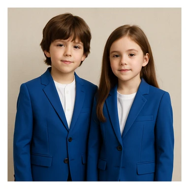 boy and girl together, both in cobalt blue suits, brown hair, neutral background sticker