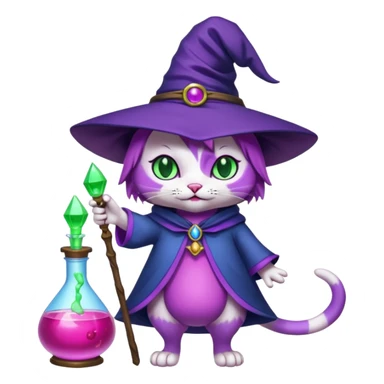 Purple witch cat full body with pink potion and blue potion  sticker