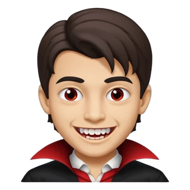 hispanic boy, medium length hair, vampire teeth sticker
