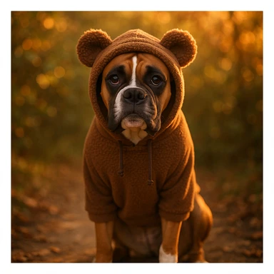 perro bóxer sentado, mirada tierna, buzo con capucha de orejas de osito marrón, iluminación golden hour, entorno natural con follaje, general style sticker