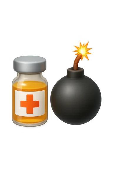 emoji stile iphone 3d di una fiala medica con una bomba vicino, fluttuano in aria insieme, FALLO MOLTO REALISTICO IN 3D sticker