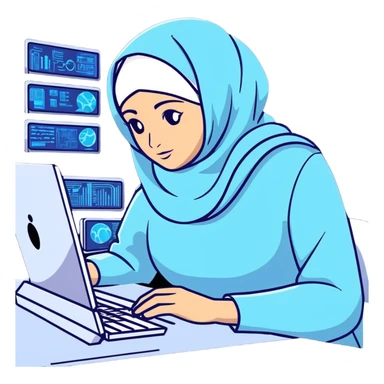 computer engineer with white hijab wearing blue clothes, working with multiple holographic screens showing digital world, virtual interfaces, metaverse elements sticker