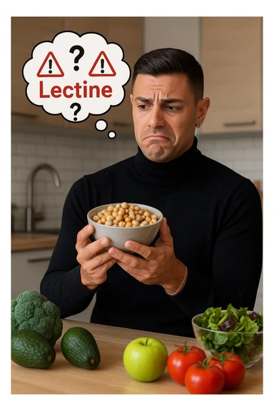 un uomo in cucina tiene in mano una ciotola di legumi (come fagioli o ceci) e li osserva con un’espressione dubbiosa e leggermente preoccupata. Sopra la ciotola, una nuvoletta di pensiero mostra la parola “Lectine” evidenziata in rosso, insieme a simboli di allarme o punti interrogativi. Sullo sfondo, altri alimenti salutari sono visibili sul tavolo, sottolineando il suo scetticismo verso i legumi. sticker