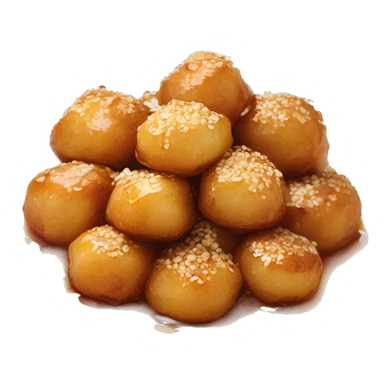 Greek loukoumades in a plate with honey drizzle and sesame seeds sticker