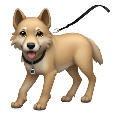 4 short legs a light brown puppy-like wolf with black  ears with black leash  is walking sticker