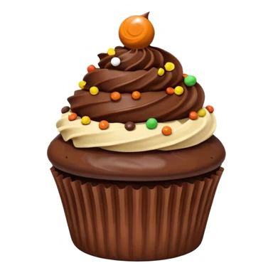 Cupcake that’s been chocolate round dipped with Reese’s pieces on top sticker