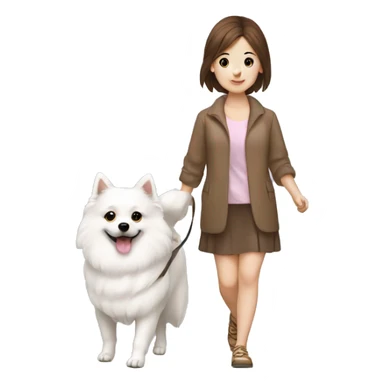 Japanese spitz dog walk brown hair girl with dress sticker
