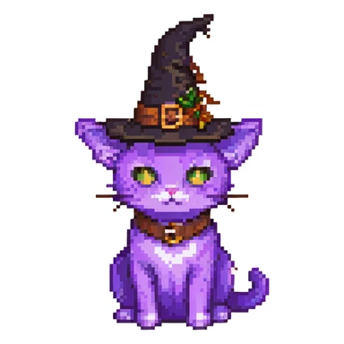 purple cat wearing a witch hat pixel art sticker