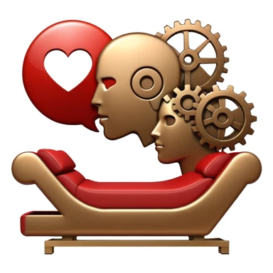 An icon featuring a human head silhouette with gears and a heart inside, symbolizing psychology. The design includes a therapy couch and a speech bubble, representing mental health and communication. Transparent background highlights the study of the human mind and behavior. sticker