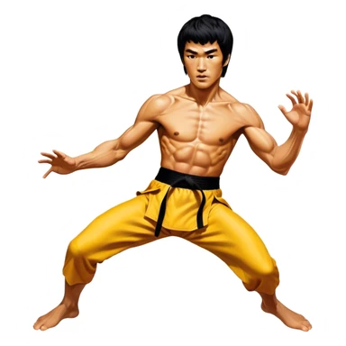 Cinematic Realistic Bruce Lee Portrait Emoji, depicted as a dynamic martial arts icon with an intense gaze and athletic physique caught in a fluid motion, rendered with vivid textures and energetic lighting that embodies his legendary prowess. sticker