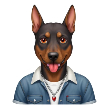 Generate a emoji of a big evil doberman dog with red eyes and a tongue sticking out, give the doberman a human body with a white shirt and baggy jeans, make the doberman have ear piercings and a septum ring sticker