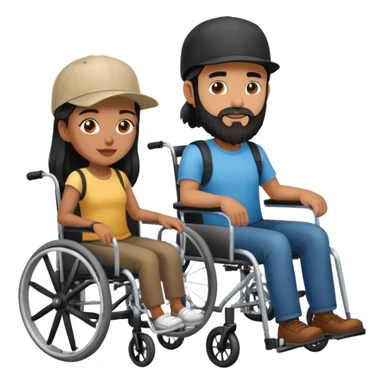 Beige skin man with a beard and cap in a wheelchair and a brown skin woman with long black hair in a wheelchair  sticker