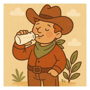 a cartoon cowboy with a milk bottle, playful style, warm colors, detailed illustration sticker