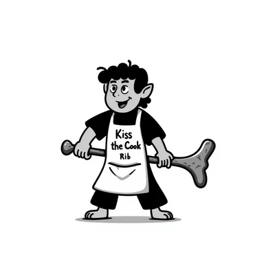 An orc wearing an apron with the text "Kiss the Cook" scratched out and replaced with "Fear the Cook", featuring a giant rib bone as a weapon sticker