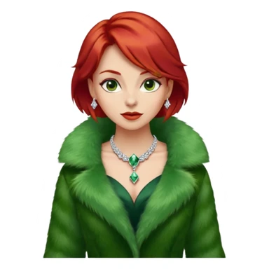 * Character: A stylish lady,red hair
* ﻿﻿Clothing: A luxurious green fur coat
* ﻿﻿Accessories: A dazzling diamond necklace
* ﻿﻿Expression: Confident, elegant, maybe slightly glamorous
* ﻿﻿Pose: Head slightly tilted or a poised posture
* ﻿﻿Style: Emoji-like, simple but expressive sticker