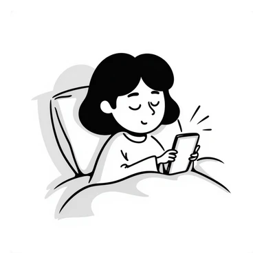 Girl lying in bed, wanting to sleep but not wanting to, staying up late playing with her phone sticker