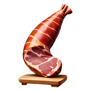 _cinematic-realistic-spanish-ham-leg,-depicted-as-a-massive,-cured-leg-of-jamón-serrano-(ham)-with-a-deep-reddish-brown-hue on the outside,-intricately-marbled-and-slightly-glossy-with-age,-elegantly-displayed-on-a-rustic-wooden-stand-and-bathed-in-warm - jamon prosciutto sticker