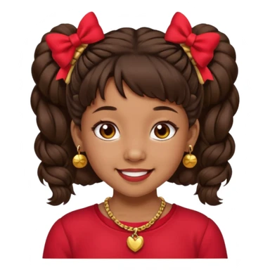 Brownskin girl dark brown hair fluffy. pigtails with red bows brown eyes smiling closed mouth red shirt gold esrrings gold necklace sticker