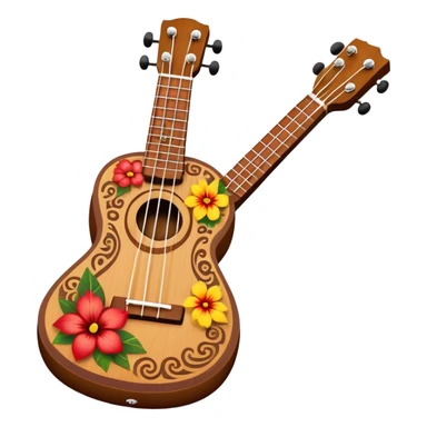 Ukulele with Polynesian carvings with flowers behind it sticker