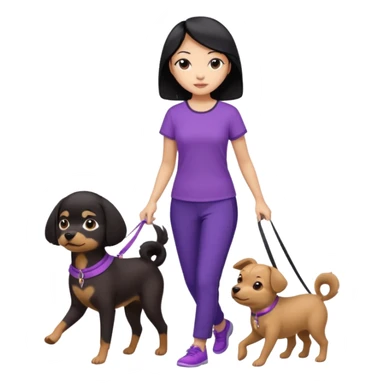 black hair Chinese woman wearing purple top and black pants walking 1 small brown dog sticker