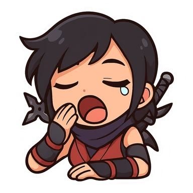 Sexy chibi ninja girl with black short hair and a blonde streak, only head and arms, colorful chibi style with bold outlines, transparent background, no mask, yawning expression with a little tear at the corner of one eye, sized for Twitch emoji use. sticker