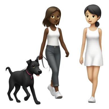Girl walk with a black dog with white Chest sticker
