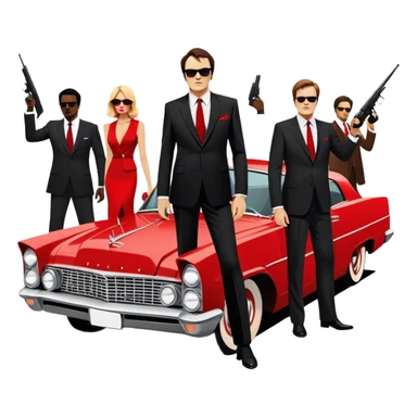 Icon for Movie: A stylish, cinematic poster design inspired by Quentin Tarantino's film. Feature silhouettes of characters in suits with sunglasses, dramatic lighting, a bullet-riddled car, and the color red symbolizing chaos. Bold, vintage style with sharp contrasts. Transparent background. sticker