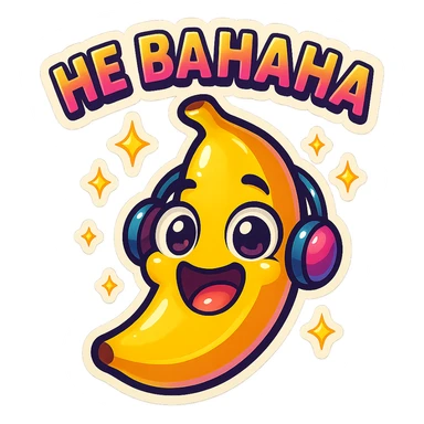 Funny cartoon banana, big happy smiling face, wearing tiny headphones, wide excited eyes, tiny sparkles around, text above: "НЕ БАНАНА ", chibi style, Twitch emoji style, colorful, transparent background sticker