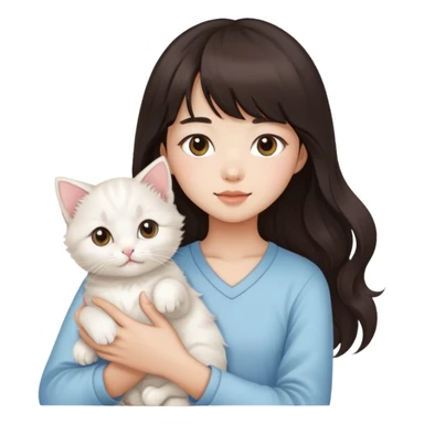 Asain girl with long wavy dark brown hair and bangs carrying a white kitten  sticker
