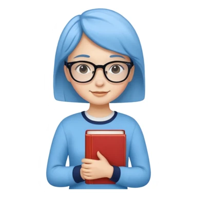 A smart and cute girl with short hair, wearing sky blue clothes,
I hold a book in one arm. There is a pen in the book.
He is wearing black-rimmed glasses and smiling brightly. sticker