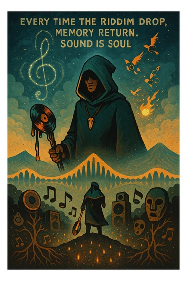 Create a mythical, animated-style poster set in a timeless world where sound is sacred. At the center, a hooded guardian of rhythm stands on a hill, overlooking a vast land shaped like a giant soundwave.

He holds a staff made of melted vinyl records, glowing with faint reggae colours — red, gold, and green. Around his neck is a lion’s fang pendant, and behind him, a swirling constellation shaped like a treble clef lights the sky.

From the earth, roots twist upward into musical notes, connecting instruments, speakers, and ancestral masks half-buried in the soil.

A flock of birds made from broken headphones and fire rises from the horizon — flying toward a glowing sun that pulses like a subwoofer.

Below, scattered across the valley, are tiny glowing embers — each one representing a soul still dancing, still alive.

In the sky, faint words form from the clouds:
“Every time the riddim drop, memory return. Sound is soul.”

The artwork should feel ancient, futuristic, and sacredly street — part graffiti, part prophecy, part roots revival. sticker