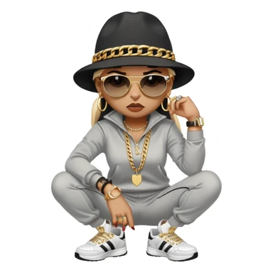 female cat wearing Run DMC hip-hop outfit with tracksuit, fedora, Adidas sneakers, dark sunglasses, many gold chains, rings, bracelets, flashy earrings, fallen down with worried expression sticker
