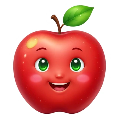 Cute Kawaii Apple, round and plump, bright shiny red with a tiny green leaf, chubby cheeks, sparkling eyes, a happy smile, soft glowing highlights, radiating fresh sweetness! sticker