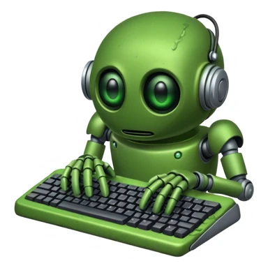 An emoji of a green robot melting away covered in thick green sludge sad and depressed, crawling out of a keyboard.  sticker