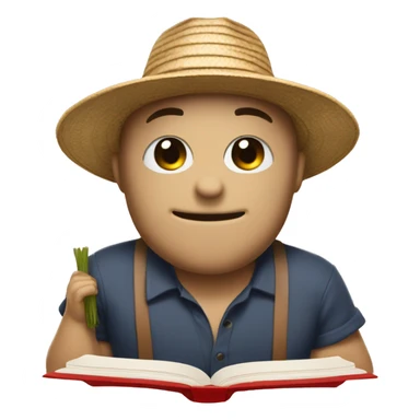 read book adn wearing a straw Hat with a red list sticker