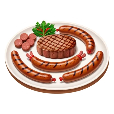 Meat dishes avatar in clean emoji-style illustration. Steak, roasted meat, and sausages, rich brown and red tones, simple shapes, flat design, hearty and appetizing. sticker