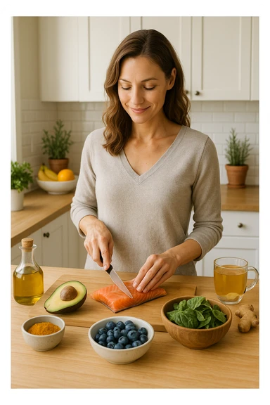 Donna tra i 30 e i 40 anni in una cucina luminosa, serena e sorridente, mentre prepara un pasto a base di cibi antinfiammatori: avocado, mirtilli, salmone selvaggio, verdure a foglia verde, olio d’oliva, curcuma. Il piano cucina è ordinato, ricco di colori naturali. Sullo sfondo: erbe fresche, frutta, una tisana allo zenzero. La donna appare in forma, rilassata e consapevole delle sue scelte. Atmosfera calda e armoniosa, luce naturale. Stile realistico, tono positivo e ispirazionale sticker