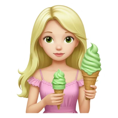 girl blonde long hair in pink dress,  holding matcha ice cream sticker