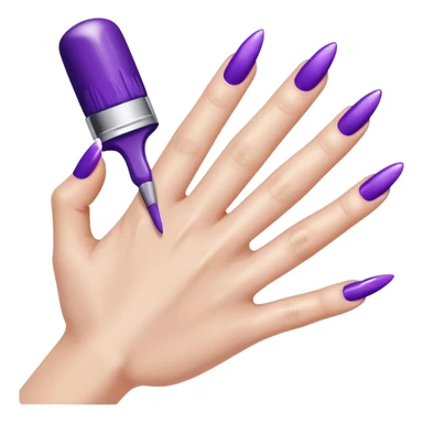 A close-up illustration of a hand with long, glossy purple-painted nails. A nail polish brush is shown applying purple polish to one of the nails, with smooth, clean strokes. The style is bright, polished, and emoji-like, emphasizing nail care, beauty, and manicure aesthetics. sticker