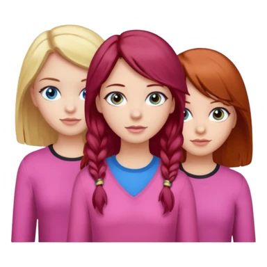Three girls, one dark red hair with hazel eyes, one blonde with blue eyed and one with black hair and brown eyes, all wear pink sticker