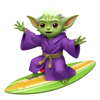 yoda in a purple robe flying in a rocket like surfing sticker