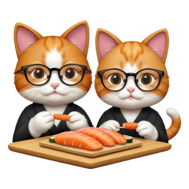 cute girl cat wearing glasses and a cute boy cat eating sushi together sticker