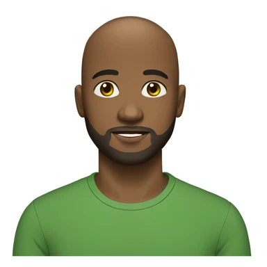 young man, dark brown skin, beard, bald, black eyes, green shirt sticker