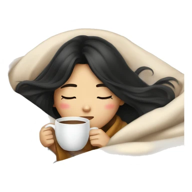 Asian girl inside a blanket sipping coffee eyes closed black hair sticker