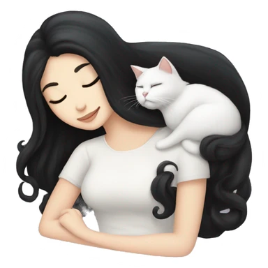 A pretty white girl with very long black hair and sleeping curled up to a white cat  sticker