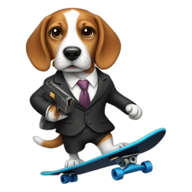 beagle in suit with a gun on a skateboard sticker